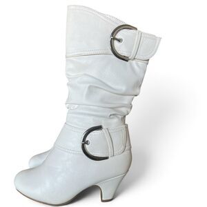 Lucky Top Girls Boots Size 2 White Slouch Double Buckle Side Zip Heeled